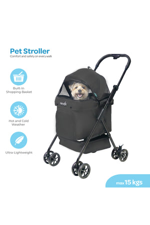 Moon  PawPerch Pet Stroller  Lightweight Foldable | Storage Basket & Waterproof Pad-Grey