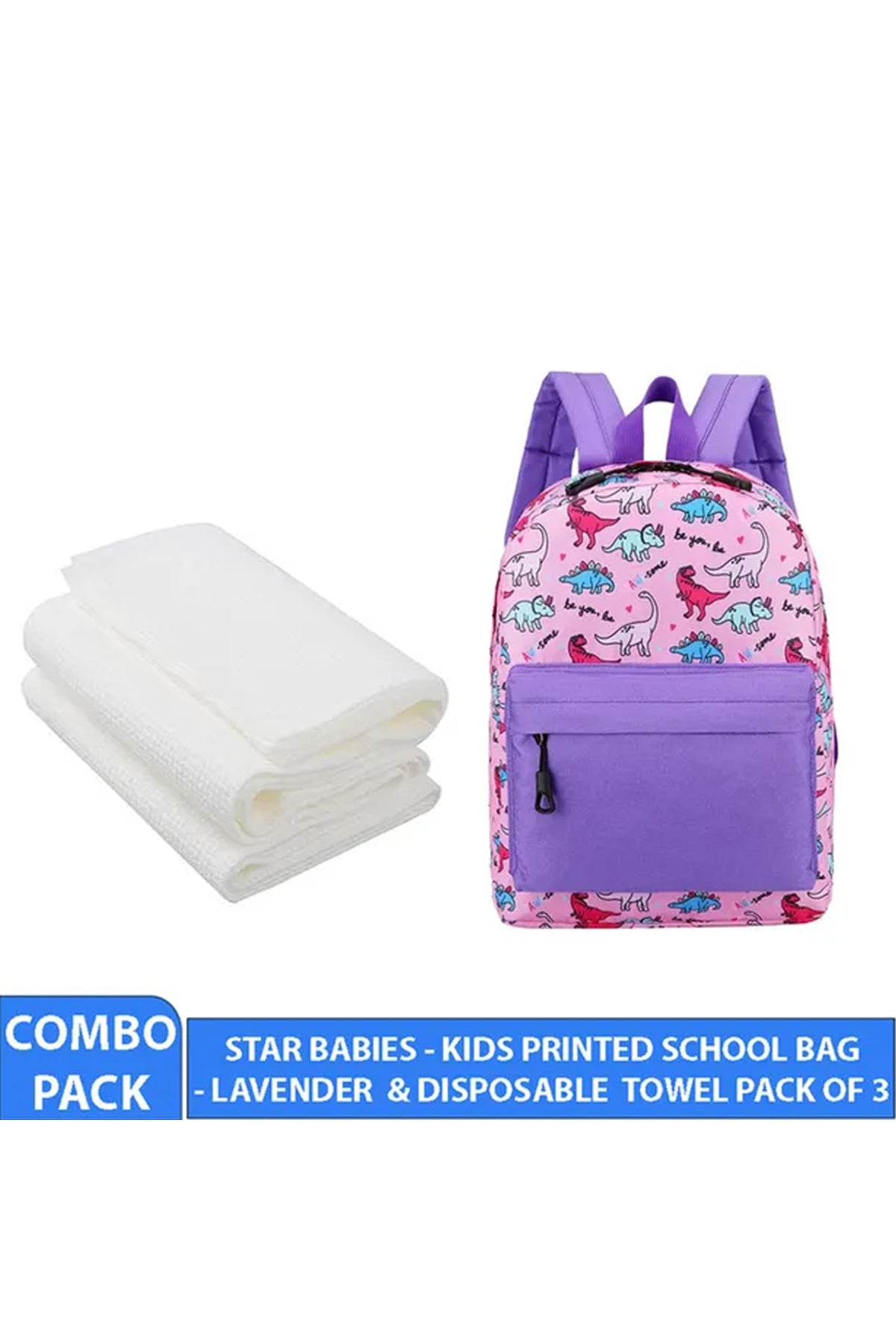 Star Babies - Kids School Bag - 10.24-Inch with Disposable Towel - 3pcs - Lavender Print