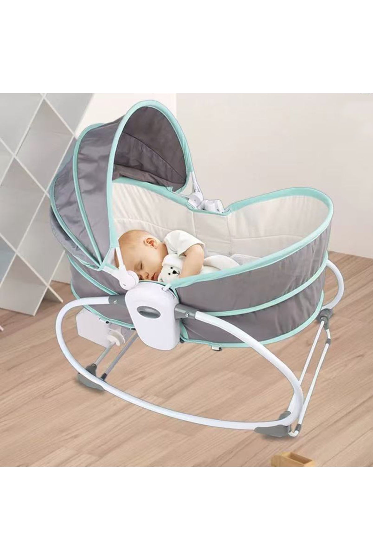 Kikibebe 5-In-1 Cozy Rocker Bassinet – Adjustable Gray Baby Rocker, Play Table & Study Desk With 360° Rotating Seat & Music Toys-Grey