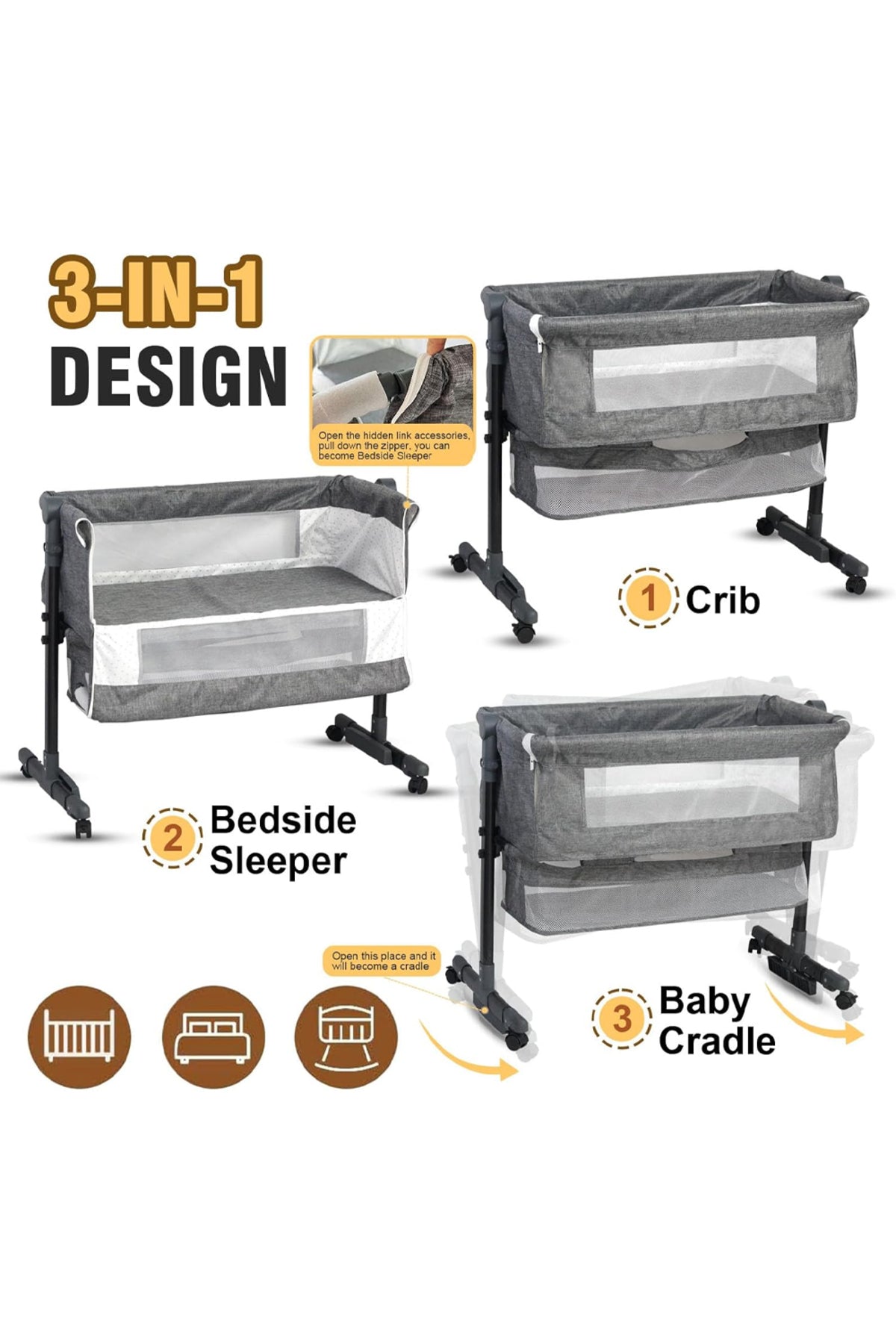 Star Babies Bedside Crib & Foldable Bathtub &Thermometer_Grey