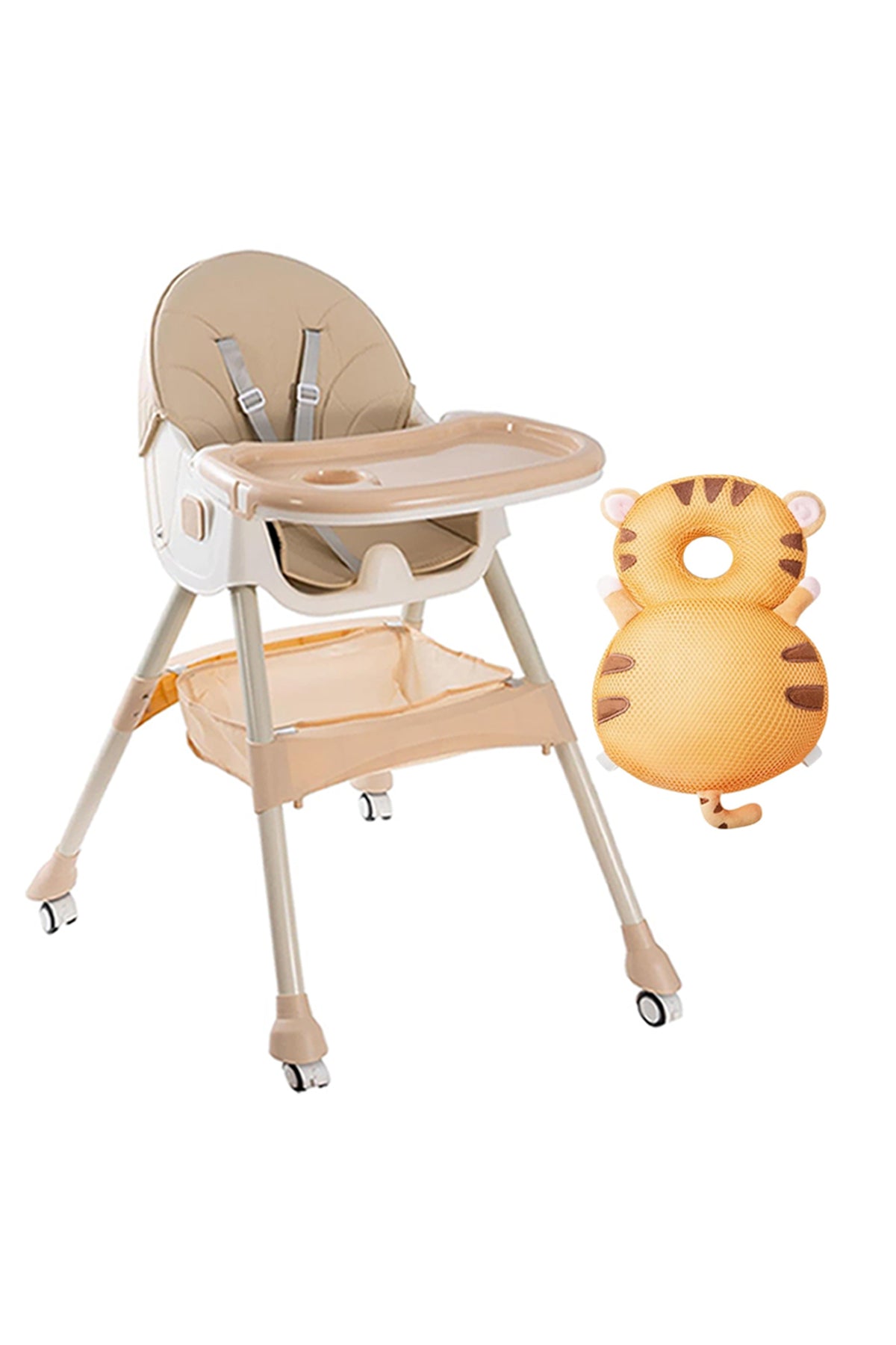 Star Babies - Foldable High Chair & Baby Head Support Cushion Set - Beige/Brown - 2 Pcs