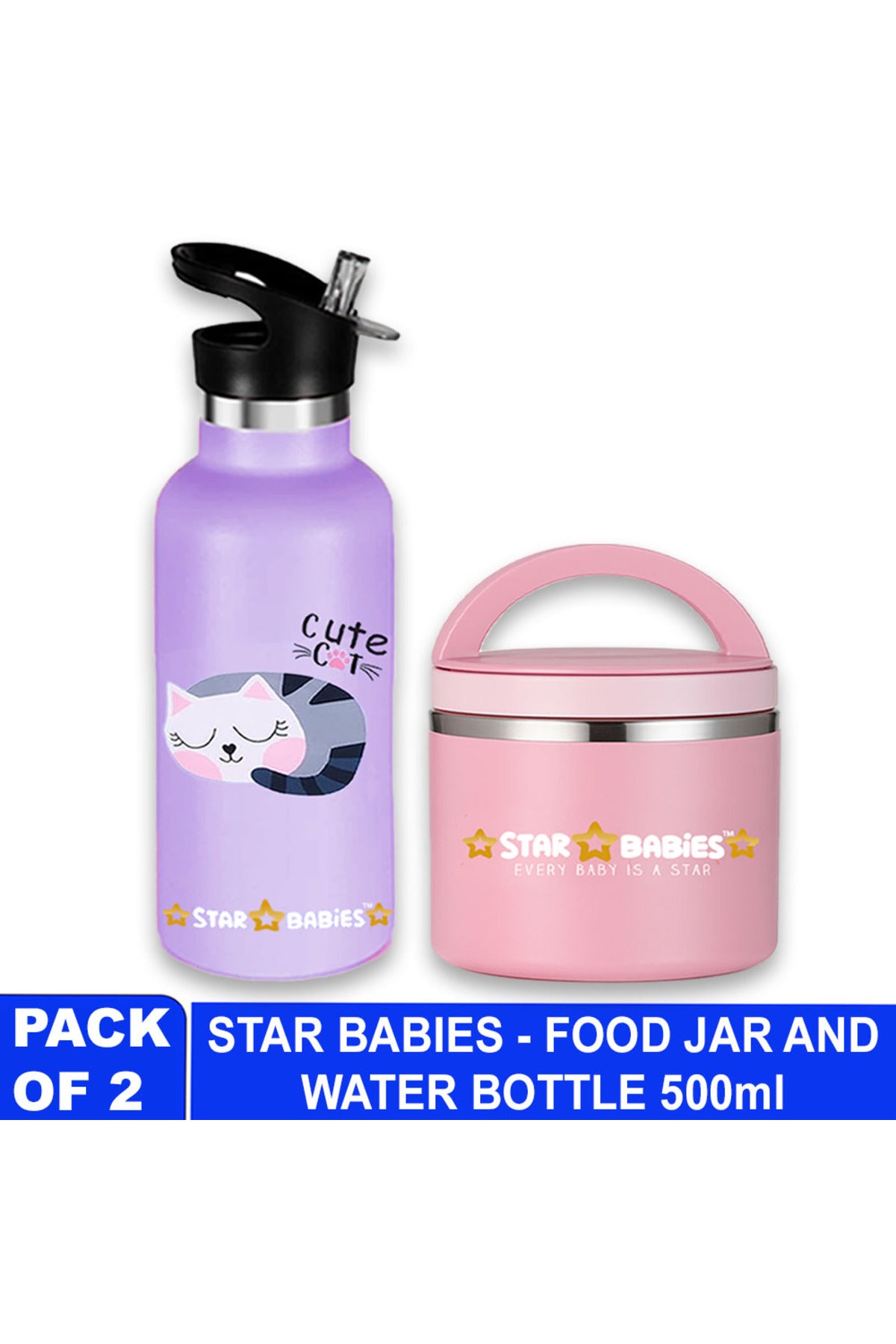 Star Babies - Stainless Steel Water Bottle & Food Jar Set - Cute Cat - 2 Pcs - 500ml