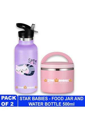 Star Babies - Stainless Steel Water Bottle & Food Jar Set - Cute Cat - 2 Pcs - 500ml