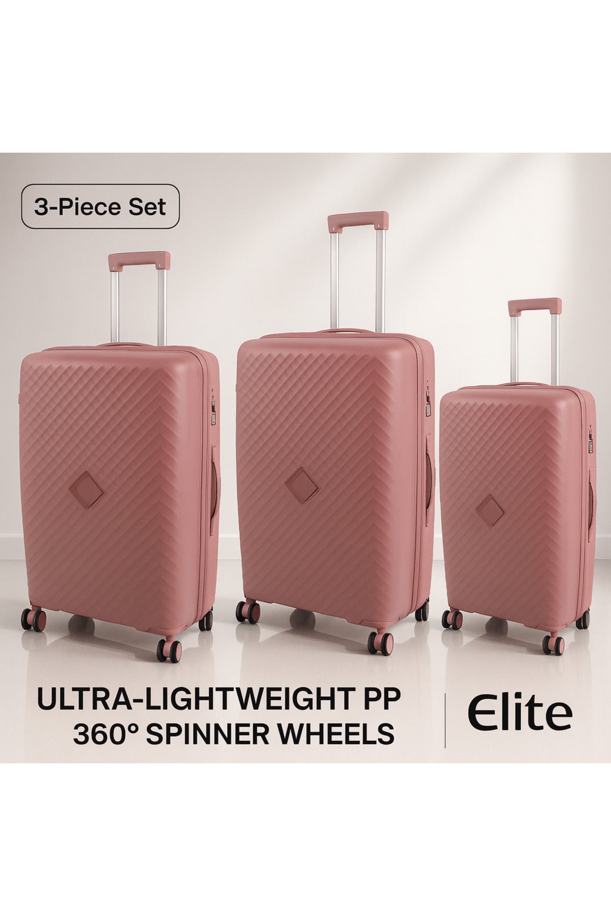 ELITE 3-Piece Hard-Shell Luggage Set (20/24/28) – Lightweight Spinner Suitcase – Rose Gold