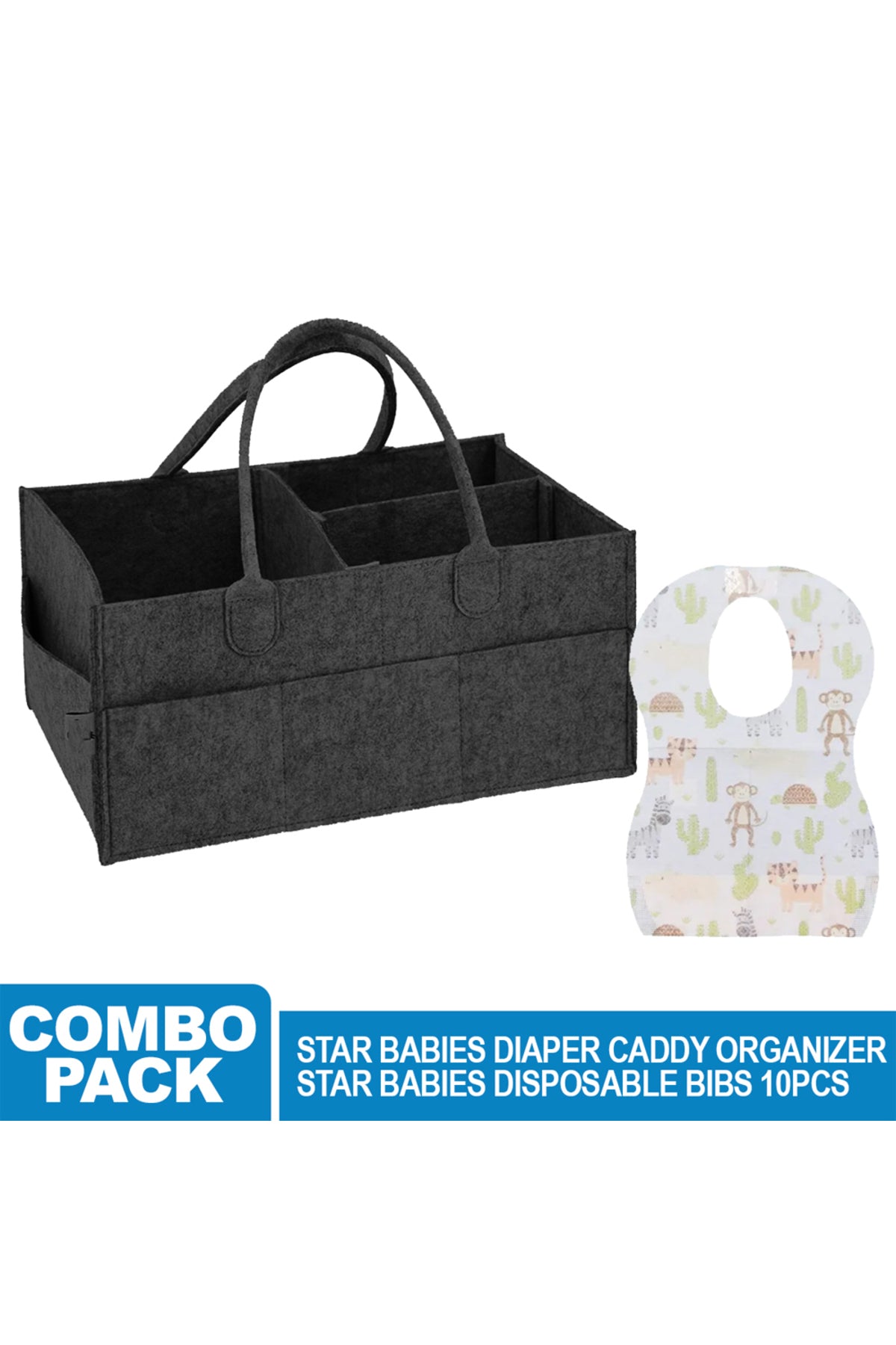 Star Babies - Caddy Diaper Bag with Disposable Bibs - 10pcs - Grey/Black