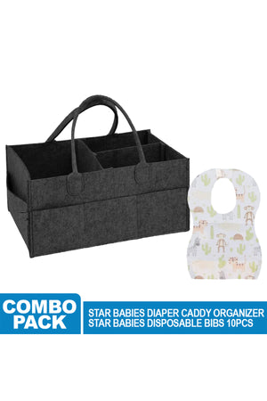 Star Babies - Caddy Diaper Bag with Disposable Bibs - 10pcs - Grey/Black