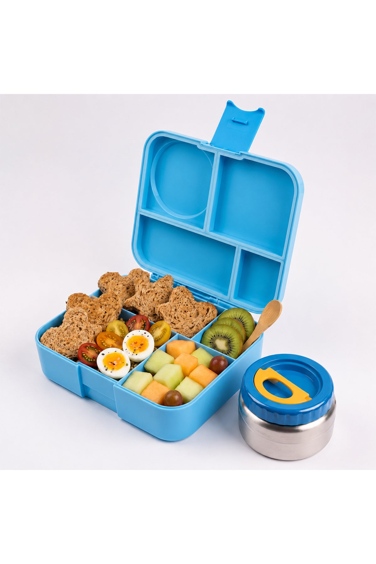 Cocobee Dino Bento Lunch Box With Food Jar, 4 Compartments, Leakproof & Odour-Free, Bpa-Free, 1.67L, Microwave Safe – Blue (3 Years+)