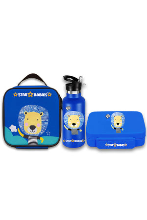 Star Babies- Lion Themed 5 Compartment Lunch box, Lunch Bag 500ml Stainless Steel Water Bottle- Blue
