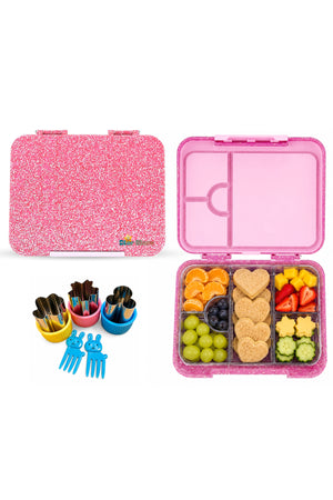 StarMarz Bento Glitter Lunch Box For Kids – Little Princes Edition | 4–6 Compartments, Sandwich Cutters, Fruit Pickers, 1195Ml, Detachable Tray-Pink