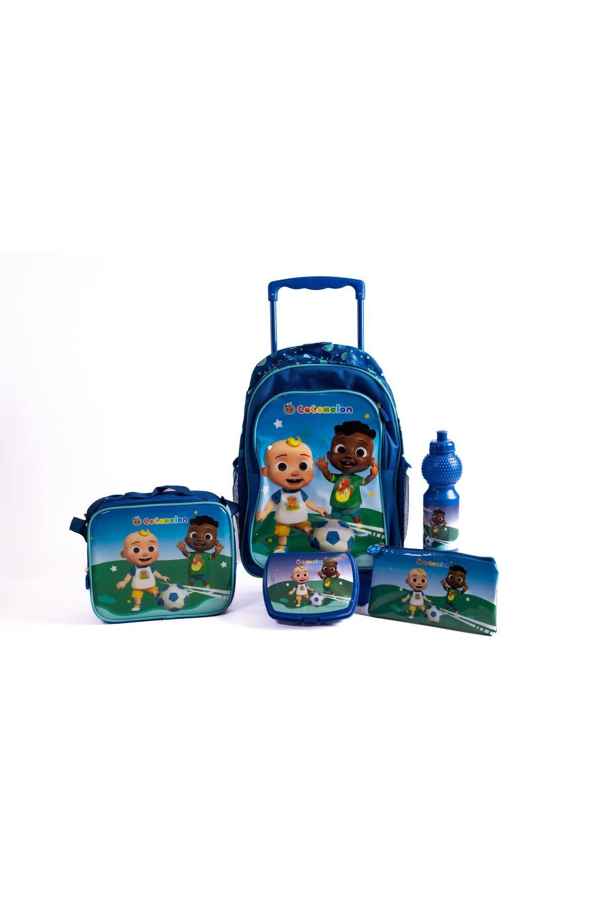 Cocomelon 5-In-1 School Set – 16" Trolley Bag With Lunch Bag, Pencil Case, Water Bottle & Lunch Box-Blue