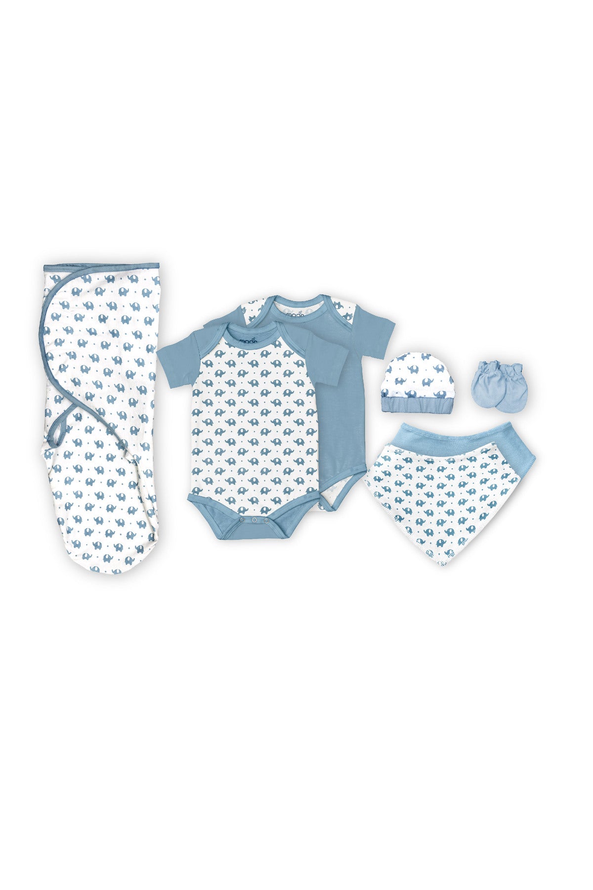 MOON Organic Baby Gift Set of 7 - Rompers-Swaddle-Bibs-Hat-Mitten set– for 3 - 6 Months - Blue