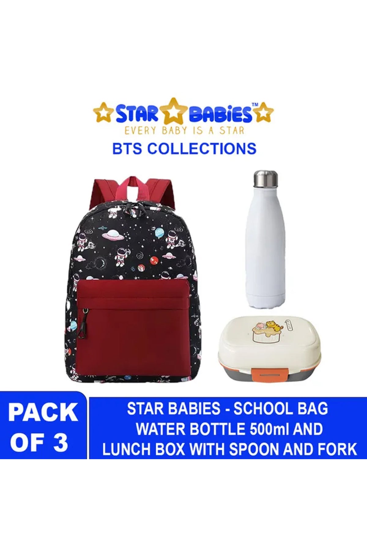 Star Babies - School Backpack With Eco Friendly Double Layer - BPA Free Lunch Box, Stainless Steel Water Bottle 500ml - Red