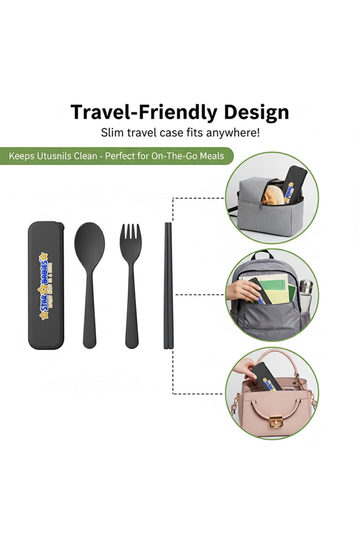 Star Babies -Organic  Spoon, Fork & Chopsticks Set - Black