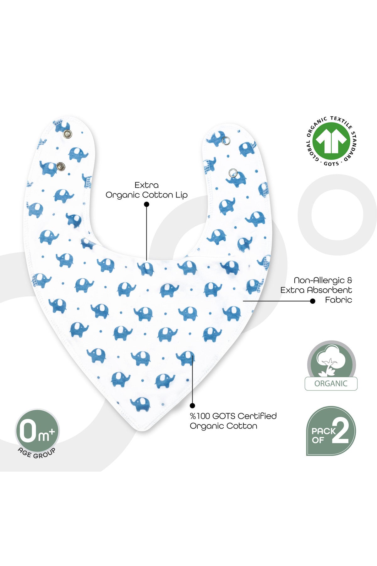 MOON Bandana bibs regular ( Organic) ( PK -2) Elephant & Blue
