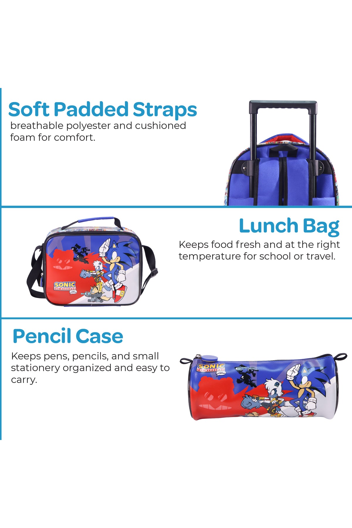MOON Licensed  SONIC  the Hedgehog  3 in 1 Kids Trolley Set   - (16-Inch) Premium Kids School Bag with Lunch Bag & Pencil Case-Red&Blue