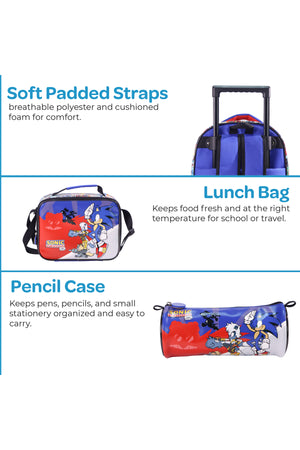 MOON Licensed  SONIC  the Hedgehog  3 in 1 Kids Trolley Set   - (16-Inch) Premium Kids School Bag with Lunch Bag & Pencil Case-Red&Blue