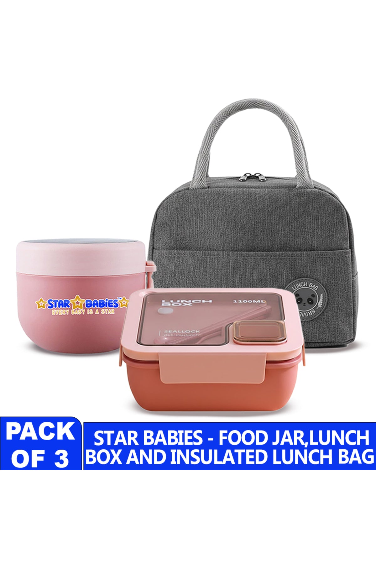 Star Babies - Insulated Lunch Bag With Lunch Box & Food Jar - Pink/Grey - 3 Pcs