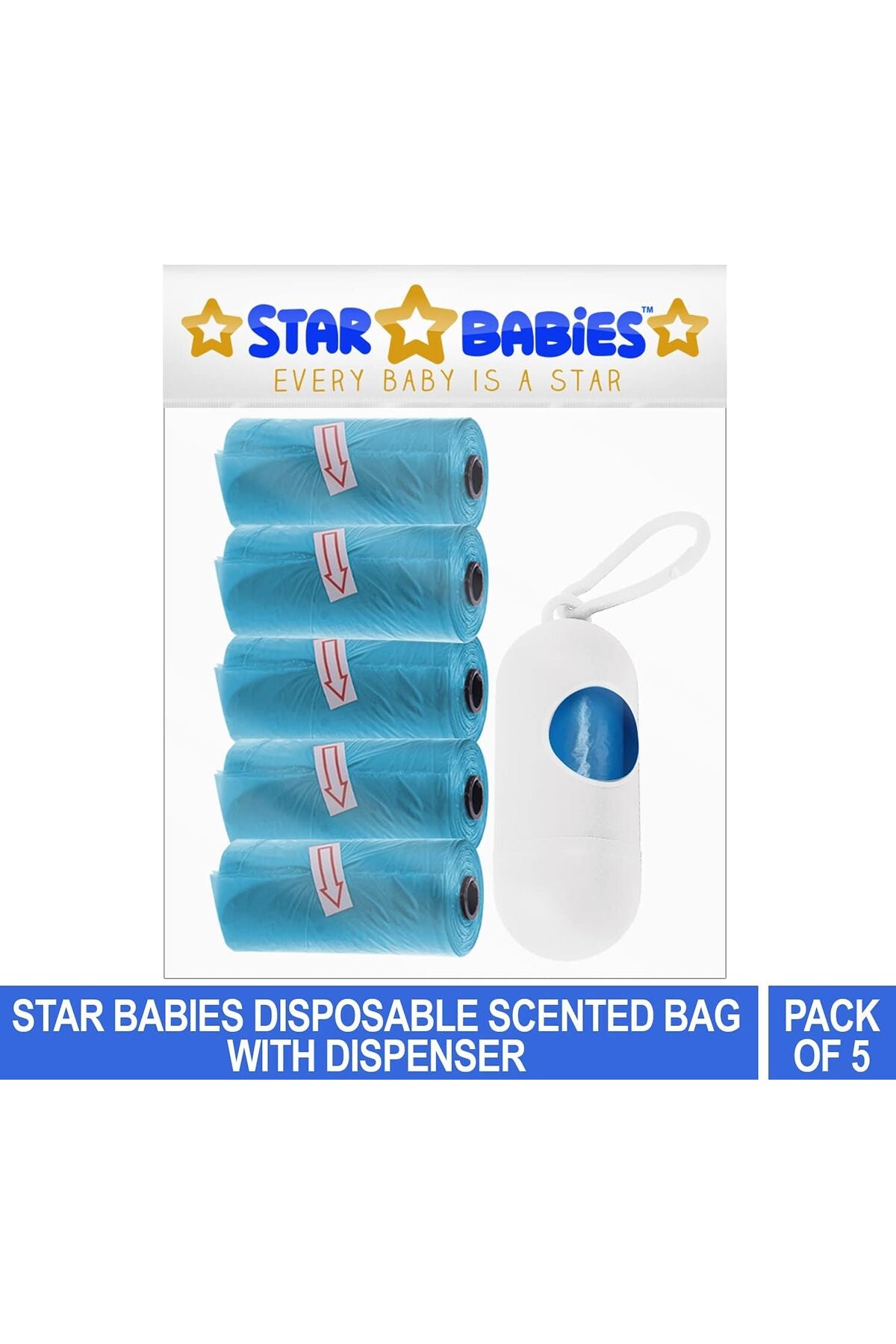Star Babies - Pack of 5/75 Bags Scented Nappy Bag Blue & Assorted Dispenser
