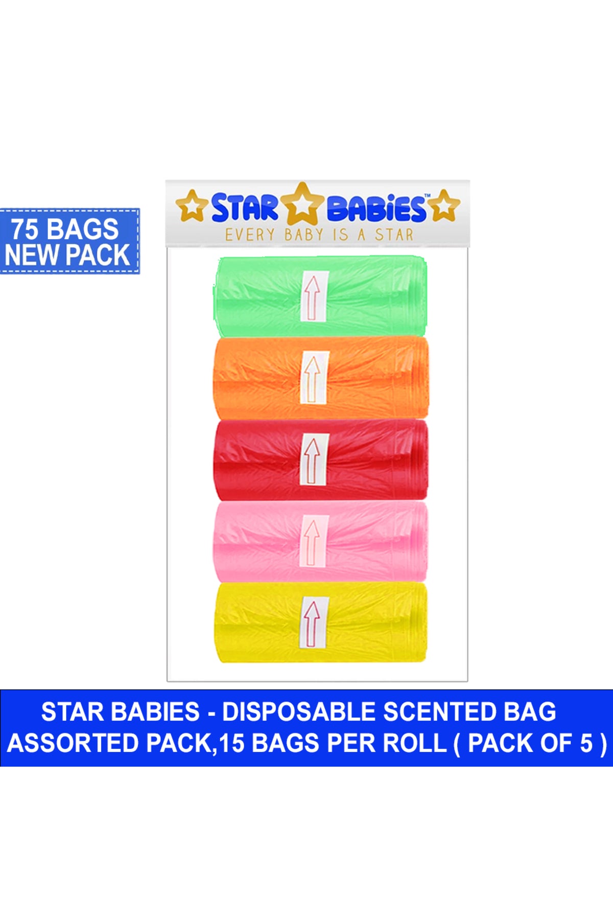 Star Babies Scented Bags  Odor Neutralizing  Leak-Proof  Compact Roll  0 Months   22 x 32 cm  Multicolor  Pack of 5 Rolls - 75 Pieces