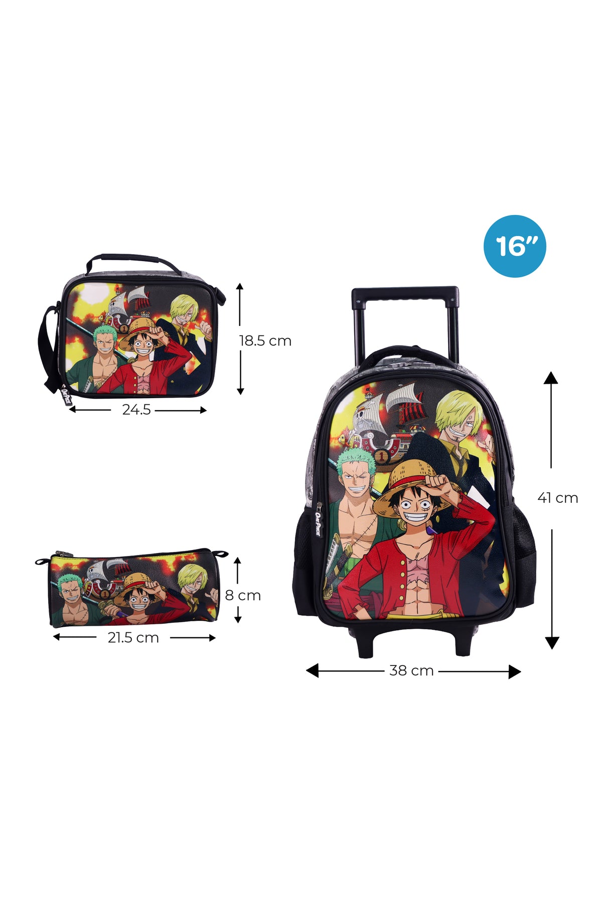 MOON Licensed One Piece 3 in 1 Kids Trolley Set   - (16-Inch) Premium Kids School Bag with Lunch Bag & Pencil Case- Black