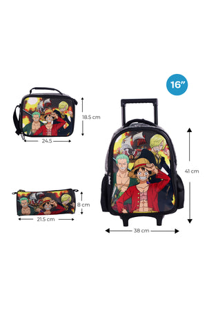 MOON Licensed One Piece 3 in 1 Kids Trolley Set   - (16-Inch) Premium Kids School Bag with Lunch Bag & Pencil Case- Black