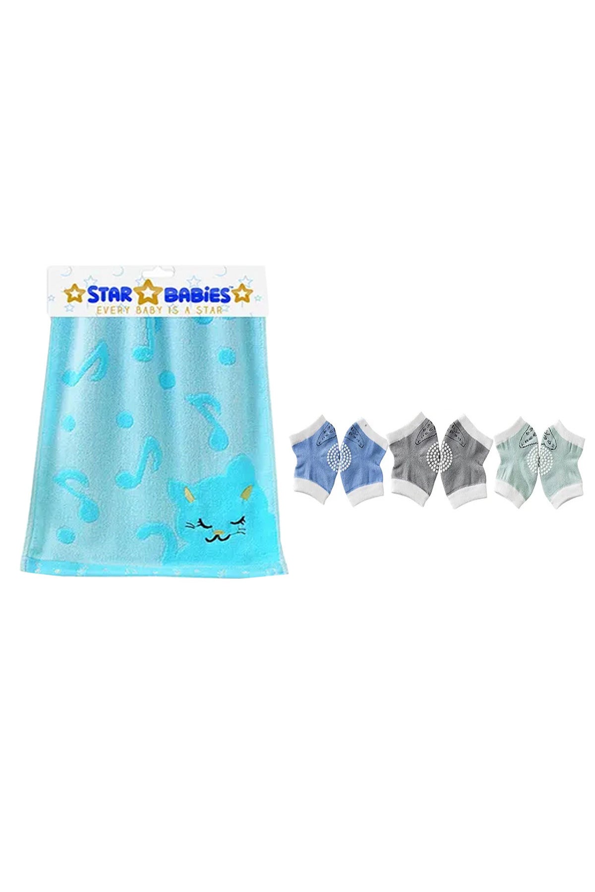 Star Babies - Combo Pack Of 2- Boys Anti-Slip Crawling Kneepads Pack Of 3 With Bamboo Towel - Blue