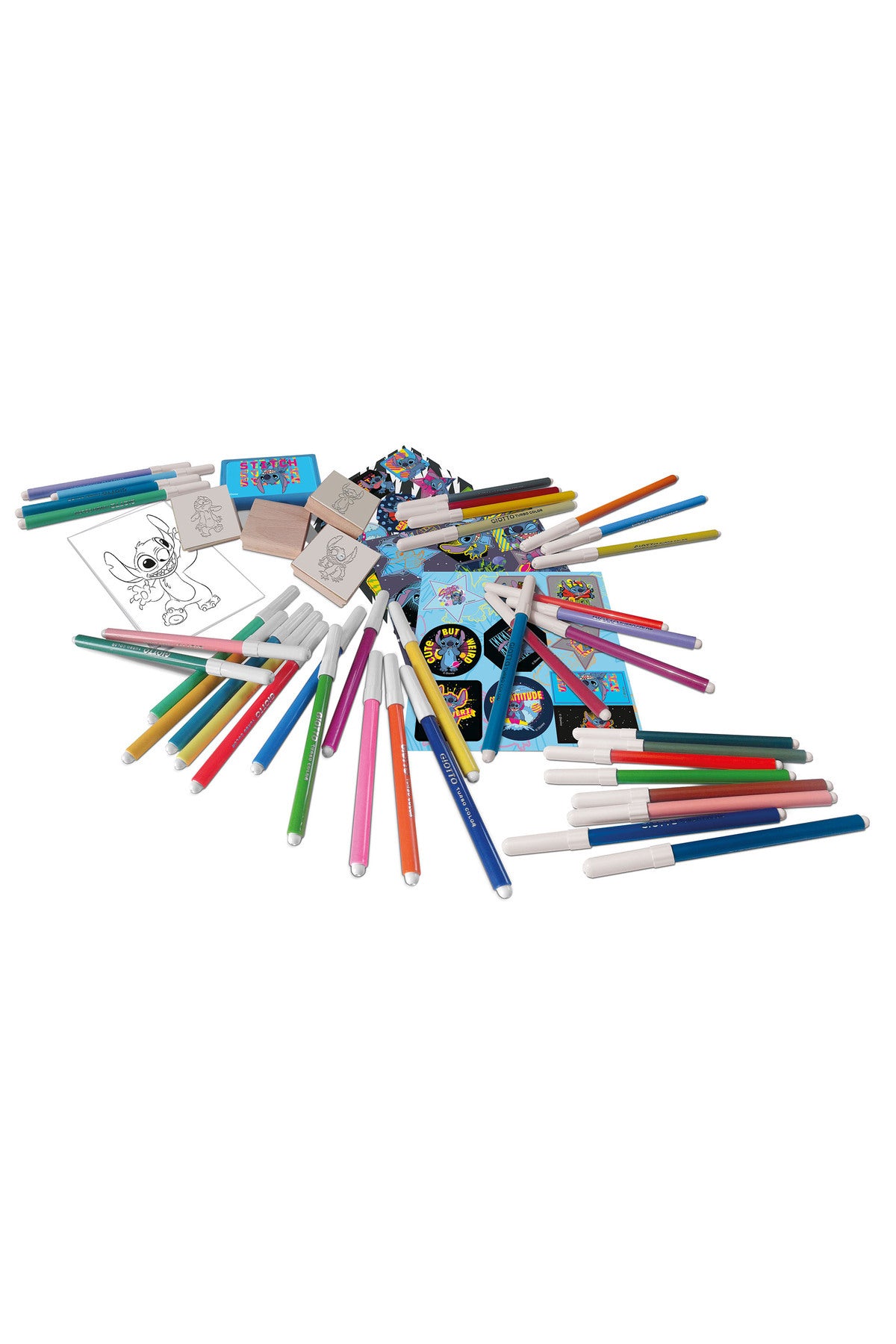 Multiprint Stitch 60-Piece Felt-Tip Pen Set – Includes 60 Felt Pens, 10 Pencil Crayons, 10 Wax Crayons, 6 Stamps, Ink Pad, Coloring Book, Notebook & 30 Stickers – 100% Made in Italy