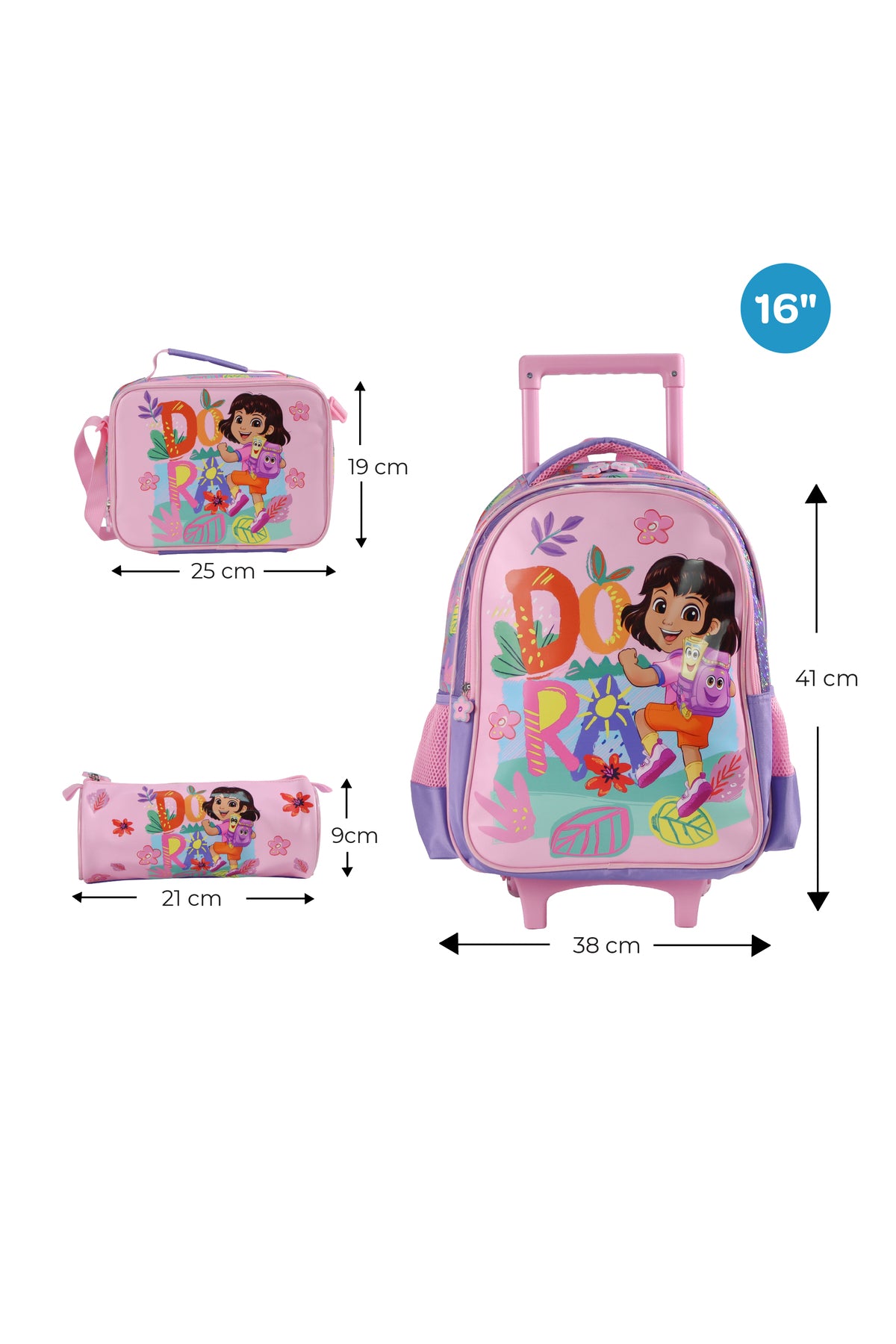 MOON Licensed Dora the Explorer  3 in 1 Kids Trolley Set   - (16-Inch) Premium Kids School Bag with Lunch Bag & Pencil Case-Pink