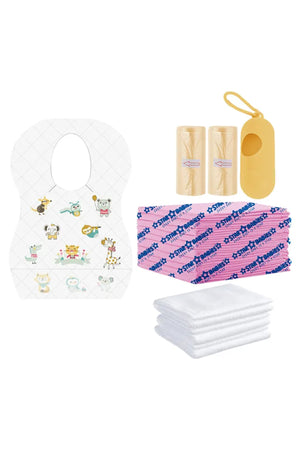 Star Babies - Disposable Bibs Animal Print 5pcs, Disposable Towel 3pcs, Scented Bag 2pcs & Dispenser, Changing Mat 10pcs - Ivory