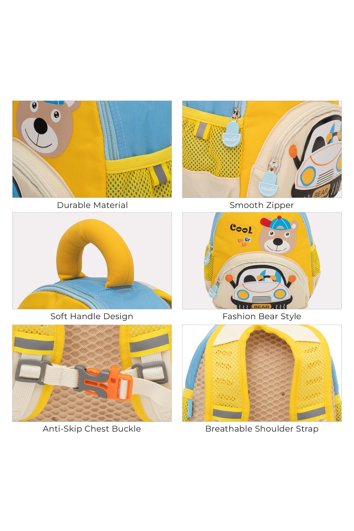 MOON Kids Backpack  – Comfy 3D Design,Padded Straps, Waterproof-Perfect for Preschool, Nursery, Snacks & Lunchbox-Bear/Yellow