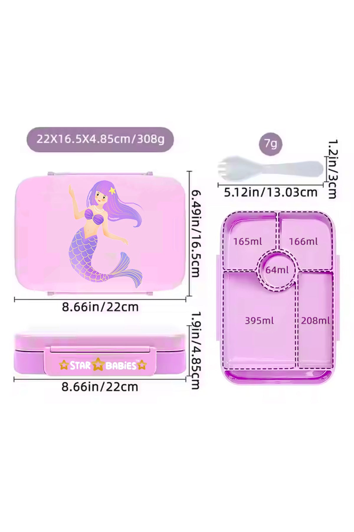Star Babies 16-Inch Mermaid Themed Children's Backpack with  5 compartment Bento lunch box , water bottle and Dual Zipper Pencil Case with Food jar