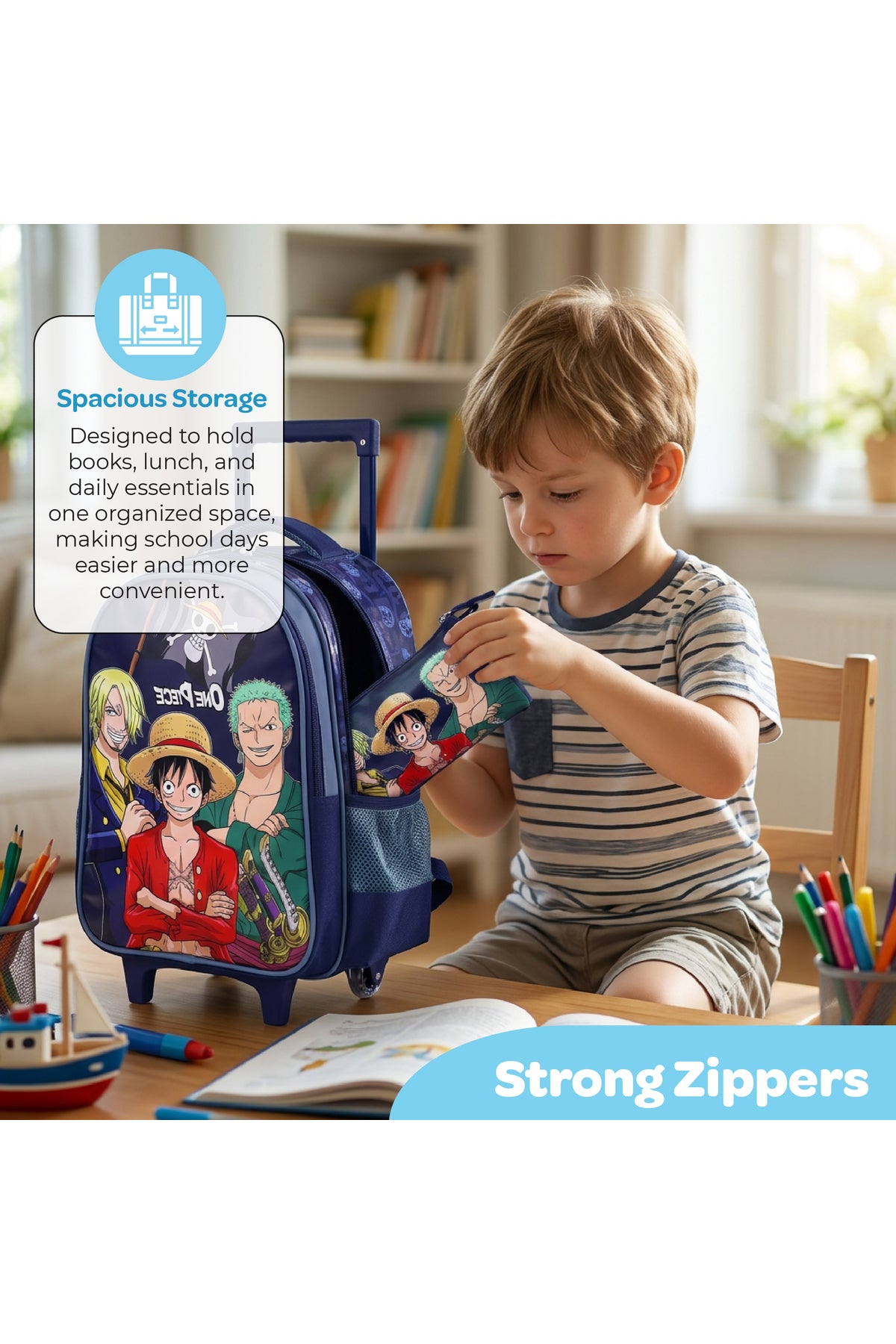 MOON Licensed One Piece3 in 1 Kids Trolley Set   - (16-Inch) Premium Kids School Bag with Lunch Bag & Pencil Case-Blue