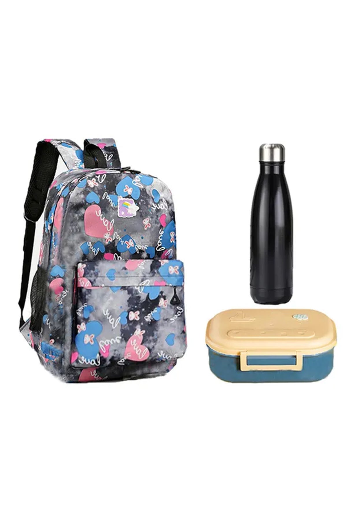 Star Babies - School Backpack With Eco Friendly Double Layer - BPA Free Lunch Box, Stainless Steel Water Bottle 500ml - Black