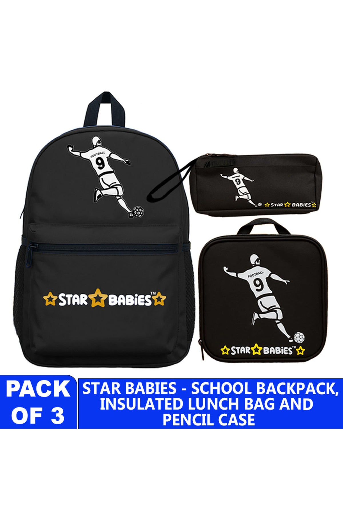 Star Babies 16-Inch Football Themed Children's Backpack with Adjustable Shoulder Strap for Hiking Large with Bento Lunch Bag and Dual Zipper Pencil Case Pack of 3