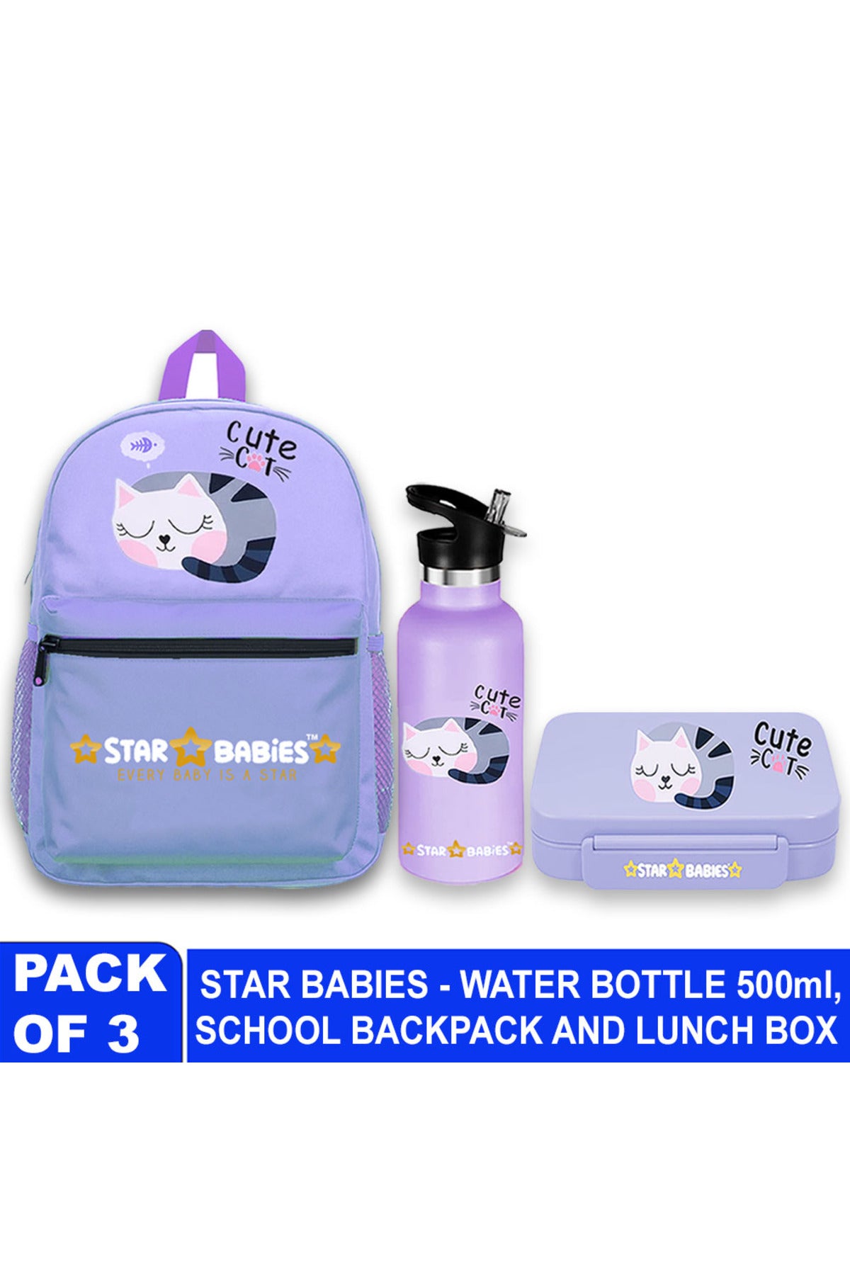 Star Babies 16-Inch  Cute Cat Themed Children's Backpack with Adjustable Shoulder Strap for Hiking Large with 500 ml Stainless Steel Water Bottle and Bento Lunch Box with 4 Compartments, Leak-Proof, Toddler-Friendly, 3 Years+, Pack of 3