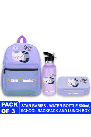 Star Babies 16-Inch  Cute Cat Themed Children's Backpack with Adjustable Shoulder Strap for Hiking Large with 500 ml Stainless Steel Water Bottle and Bento Lunch Box with 4 Compartments, Leak-Proof, Toddler-Friendly, 3 Years+, Pack of 3