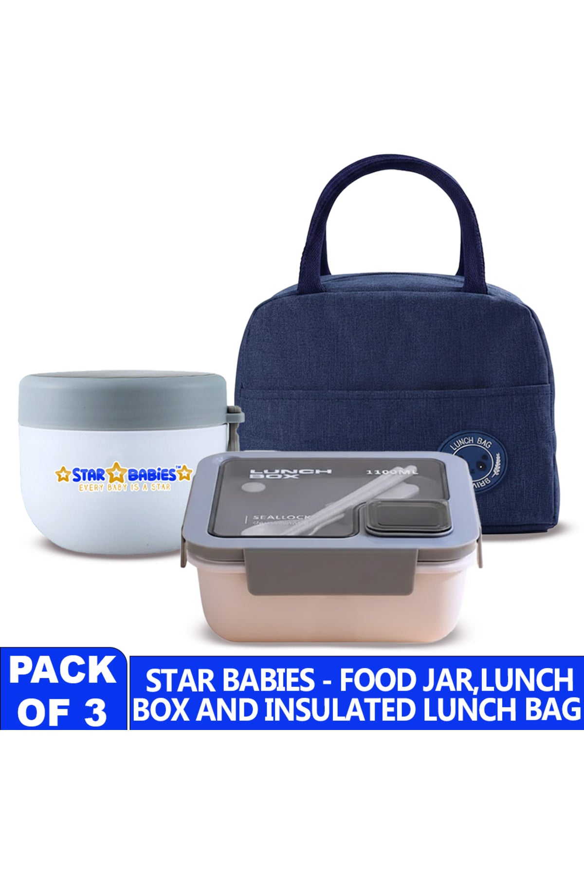 Star Babies 3-in-1 School Lunch Combo – Insulated Lunch Bag, Leak-Proof Bento Lunch Box, and  Stainless Steel Mini Food Jar Set for Kids, Toddlers & School