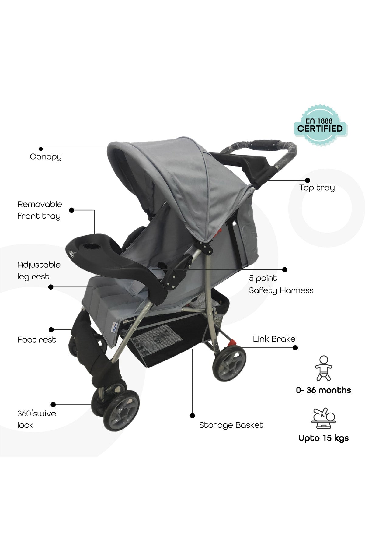 MOON Bezik - One Fold Stroller,Mid Grey