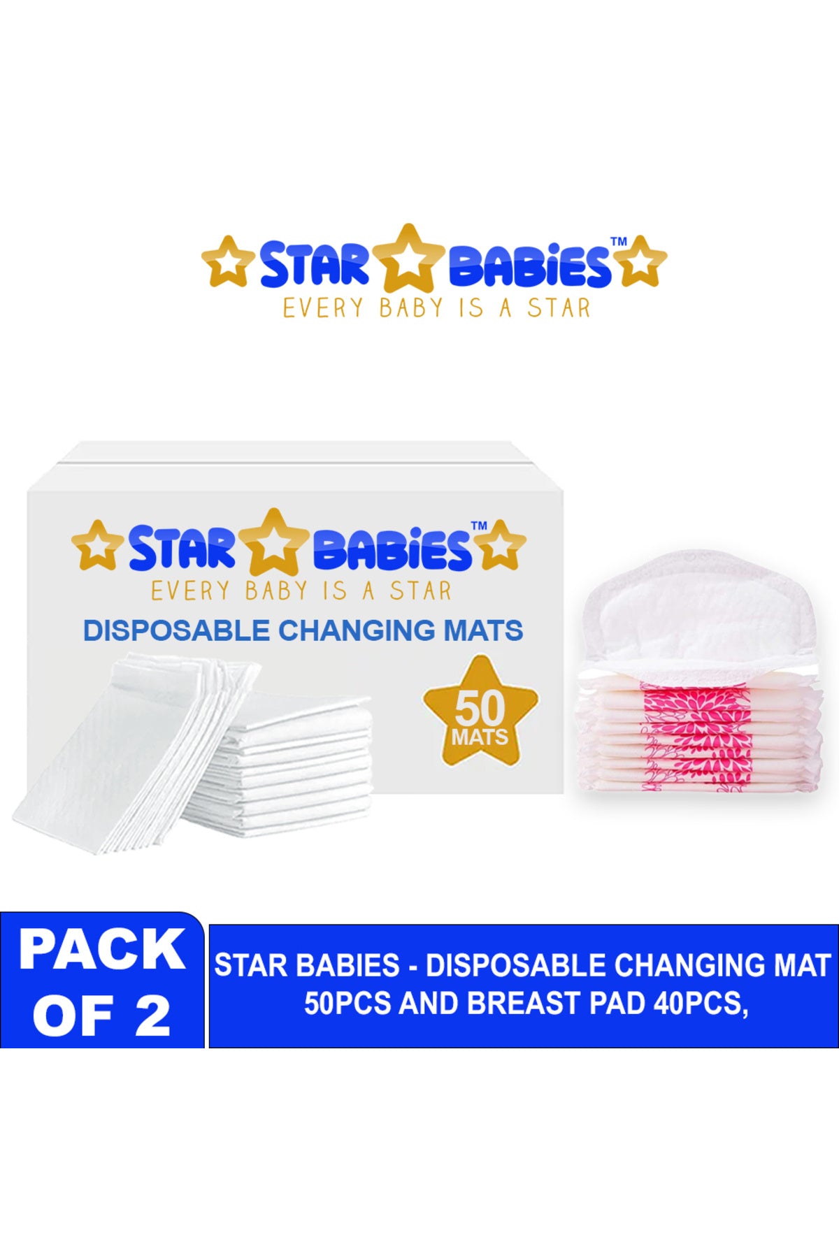 Star Babies - Disposable Changing Mat 50pcs With Breast Pad 40pcs - White