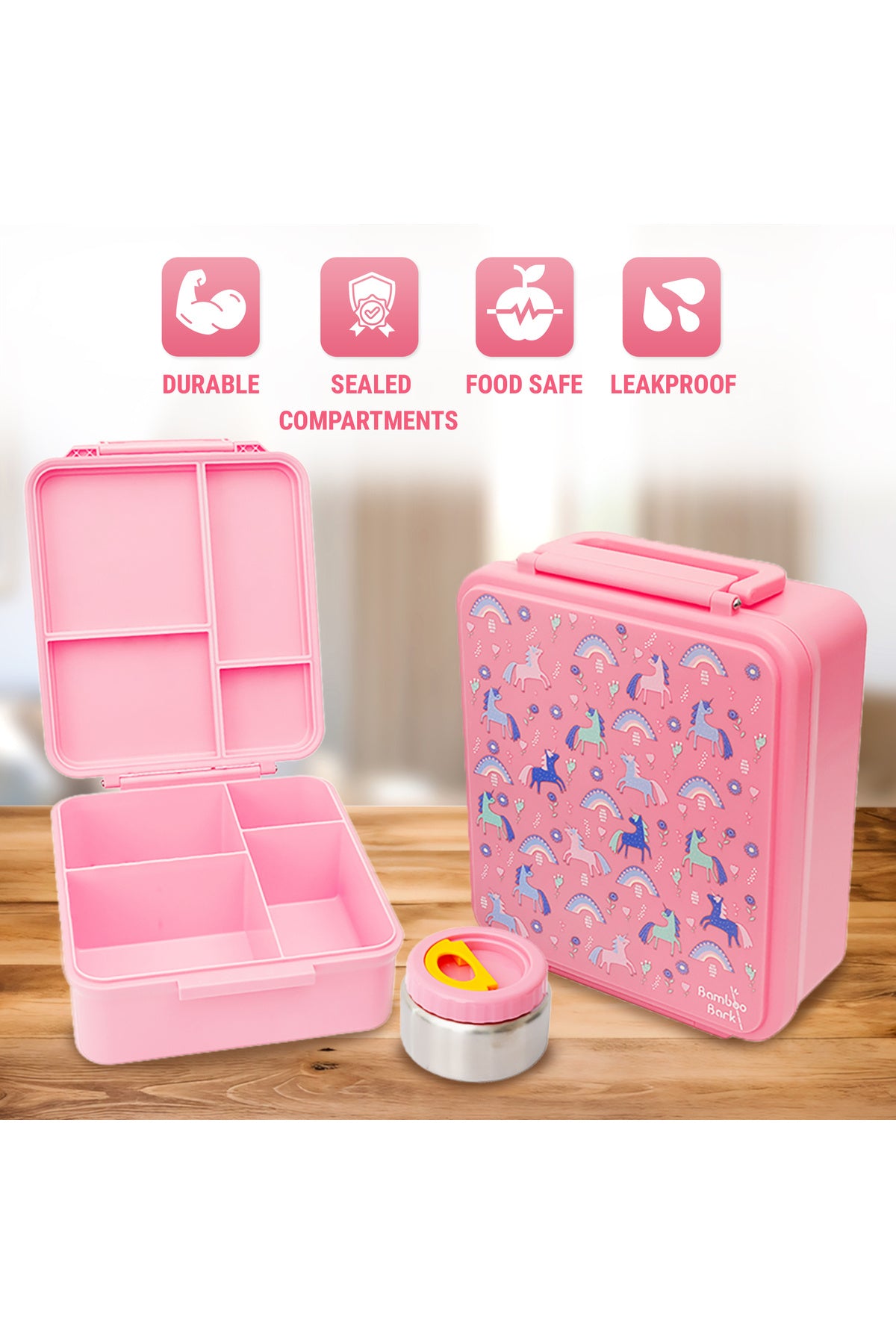 Bamboo Bark childrens kids large school lunch box, bento, snack box with compartments for kids, food jar included