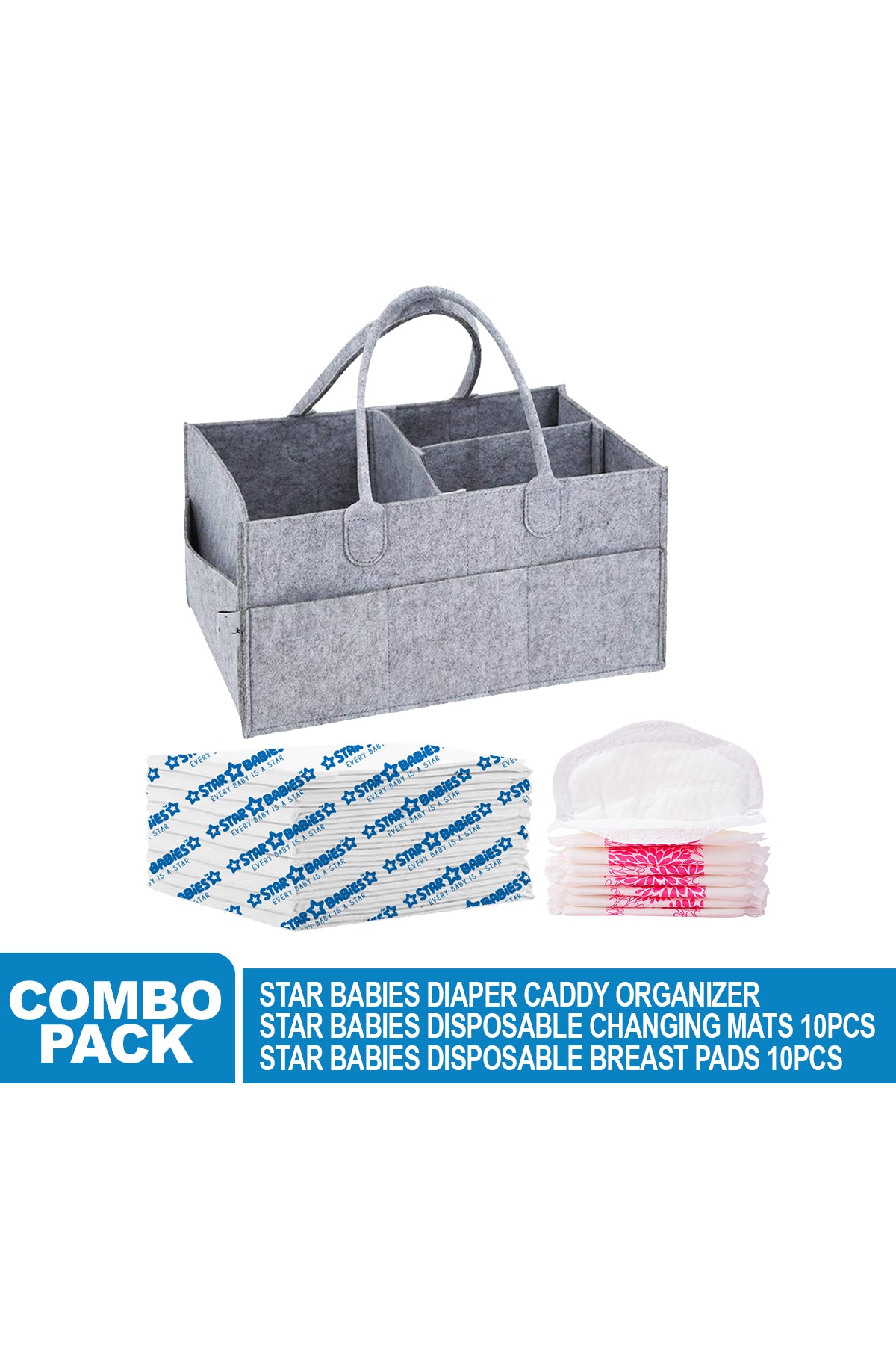 Star Babies - Caddy Diaper Organizer Grey w/ Breast Pad - 10pcs & Changing Mat - 10pcs