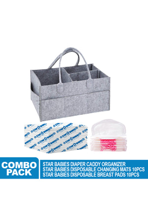 Star Babies - Caddy Diaper Organizer Grey w/ Breast Pad - 10pcs & Changing Mat - 10pcs