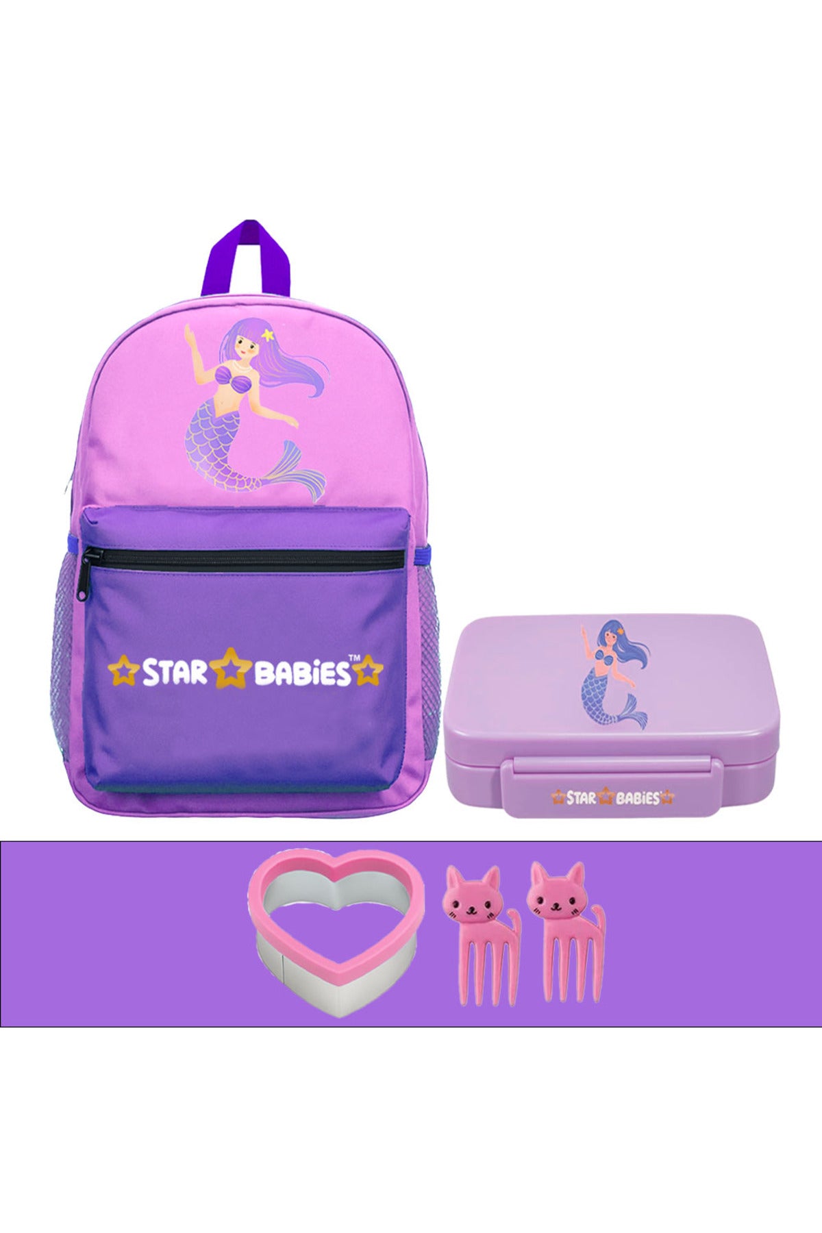 Star Babies 16-Inch Little Mermaid Themed Children's Backpack with Adjustable Shoulder Strap for Hiking Large with Bento Lunch Box with 4 Compartments, BPA Free, Leak-Proof, Toddler-Friendly, 3 Years+ size ,Pack of 2