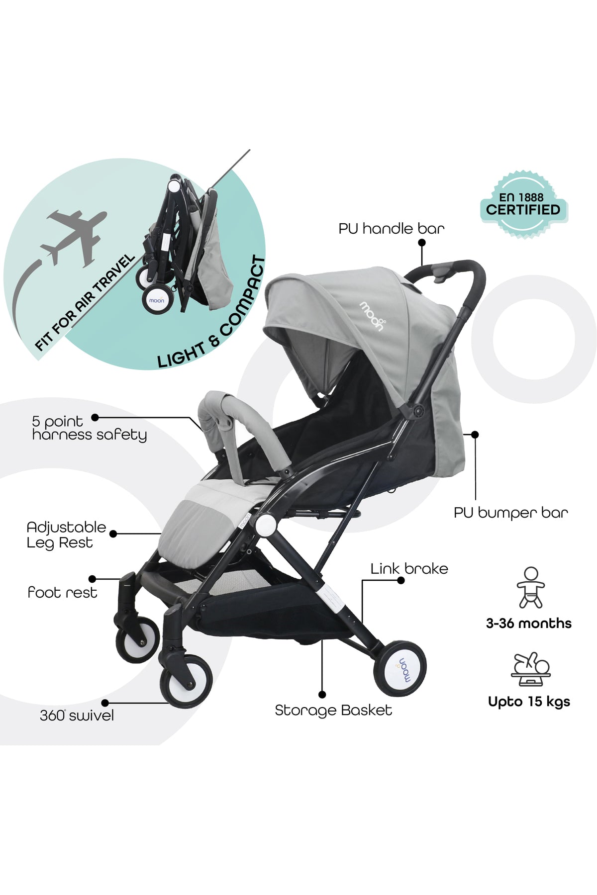 MOON Travel-Lite  - Cabin Stroller,Cool Grey