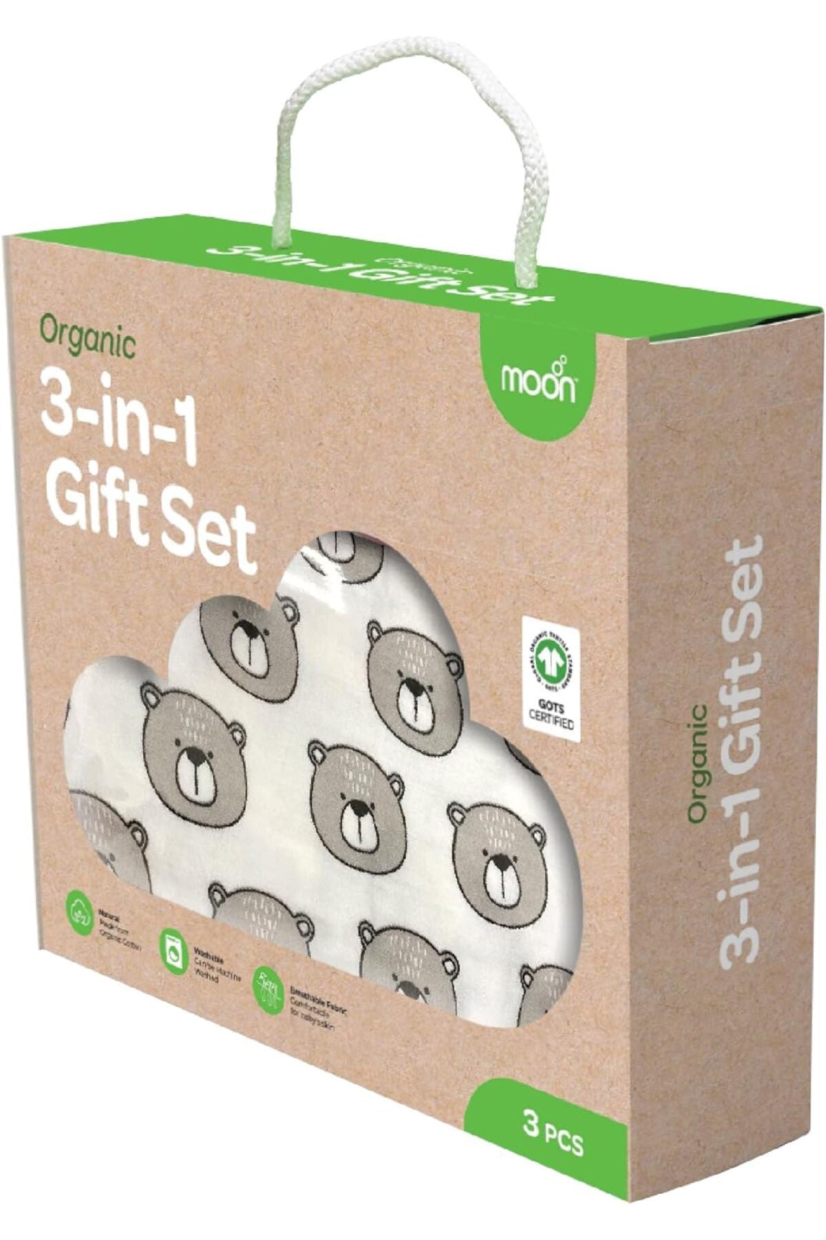 MOON Organic Baby 3 in 1 Gift Set- Romper-Body Suit-Jogger for 12-18 Months - Bear Print