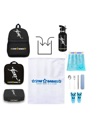 Star Babies Set of 4 – Football Theme 16" School Bag, 4-Compartment Lunch Box, Insulated Lunch Bag, 500ml Water Bottle