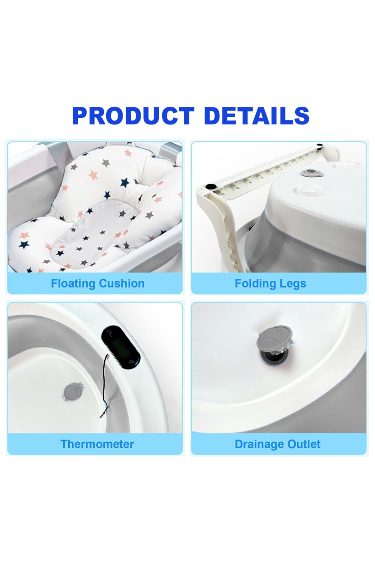 Star Babies - Baby Foldable Bathtub With Thermometer & Bathmat Set - Grey