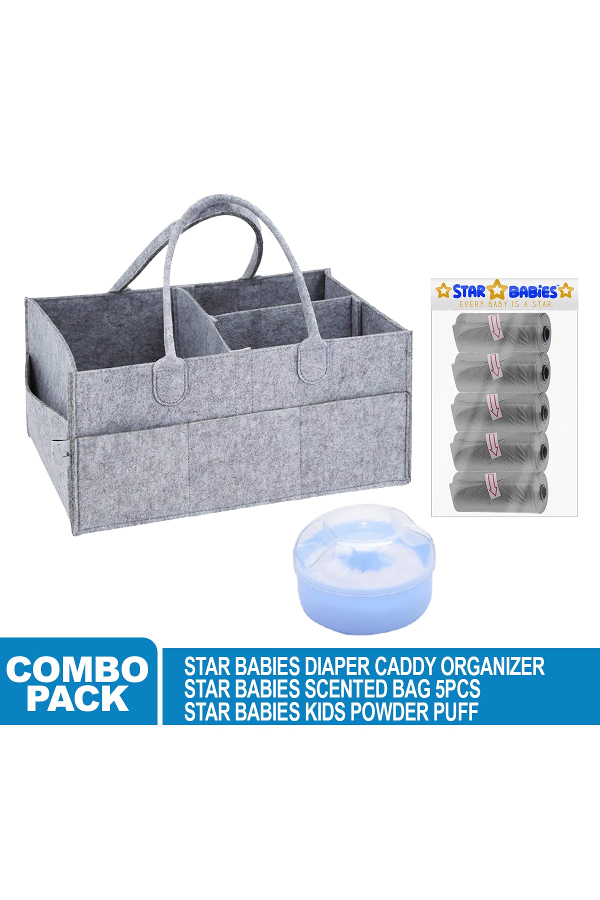 Star Babies - Caddy Diaper Organizer w/ Scented Bag - 75pcs & Powder Puff - Blue
