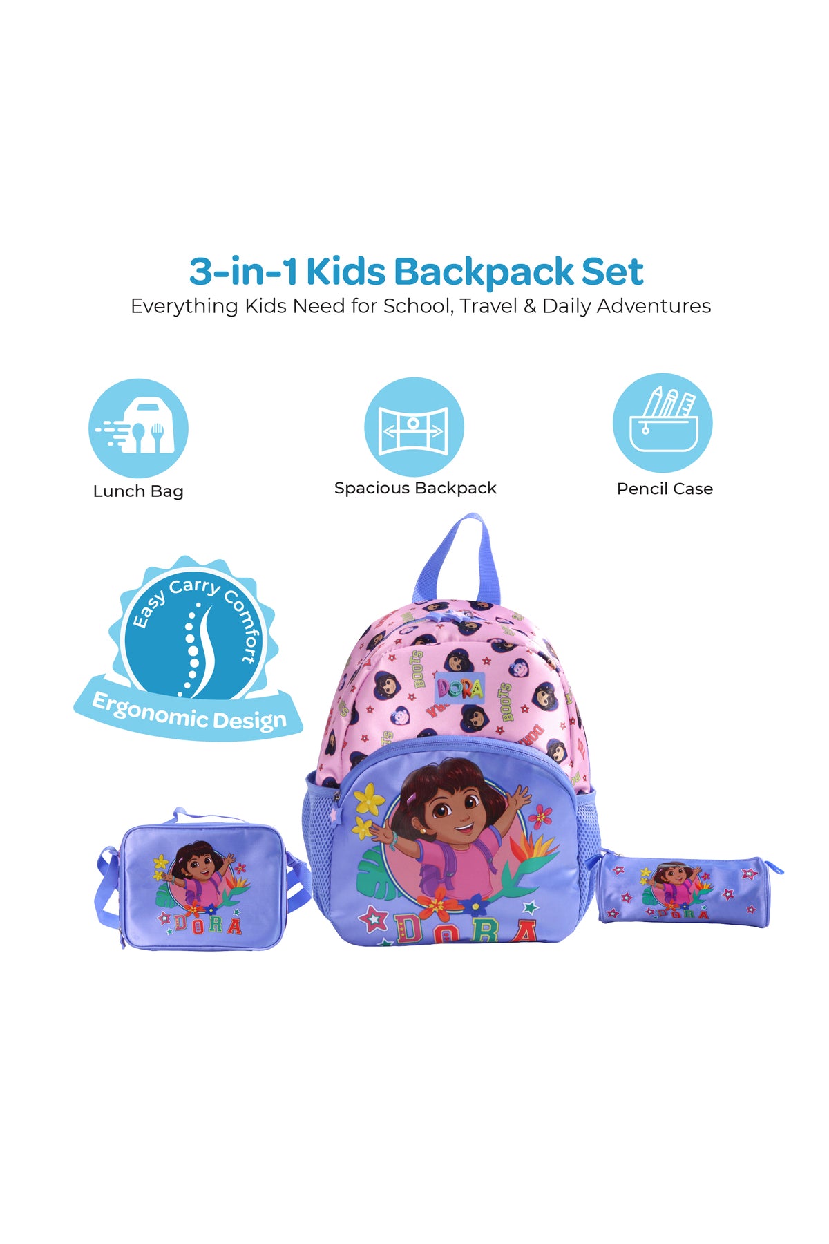 MOON Licensed Dora the Explorer 3-in-1 Kids Backpack Set  - (13-Inch) Premium Kids School Bag with Lunch Bag & Pencil Case-Pink & Blue