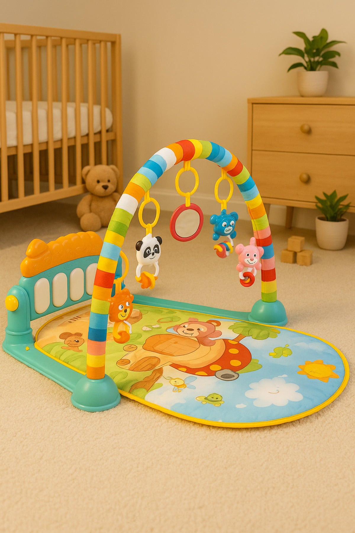 Urban Tots Baby Activity Play Gym with Soft Padded Mat & Hanging Toys – Musical Infant Playmat for Newborns – Tummy Time & Early Development